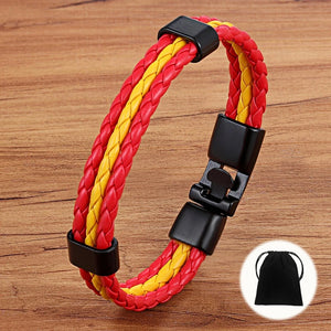 Spain Flag Leather Men Stainless Steel Bracelet National Flag Pattern Bangles