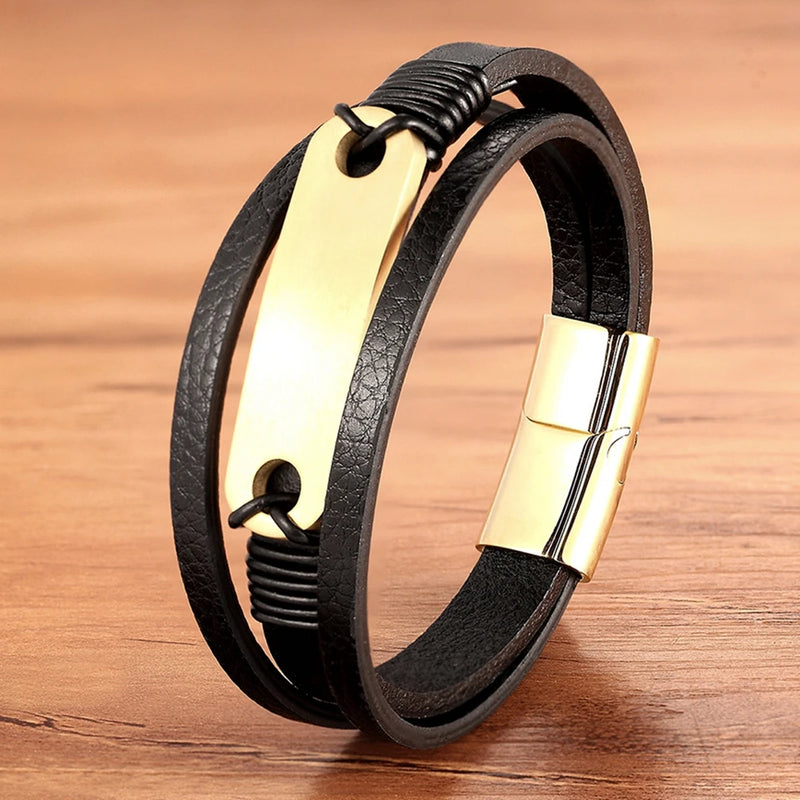 Stainless Steel Leather Men's Bracelet Hand-woven Magnetic Multi-layer