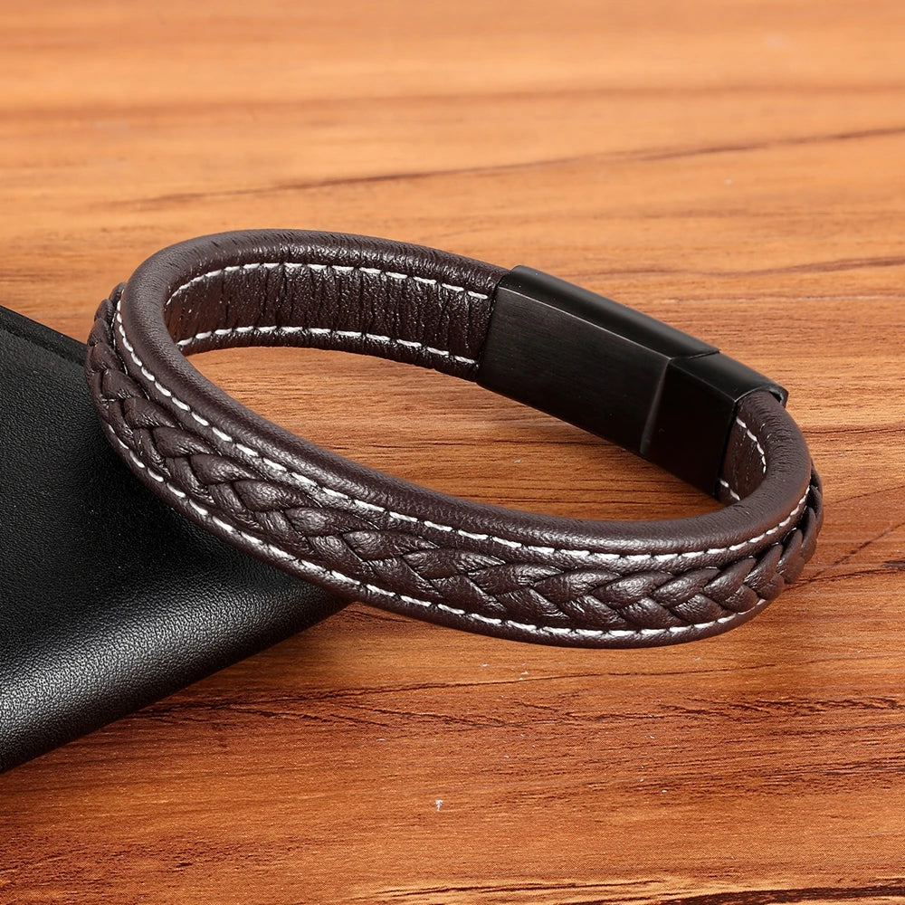 Grid Texture Buckle Leather Bracelet For Homme Black/Rose