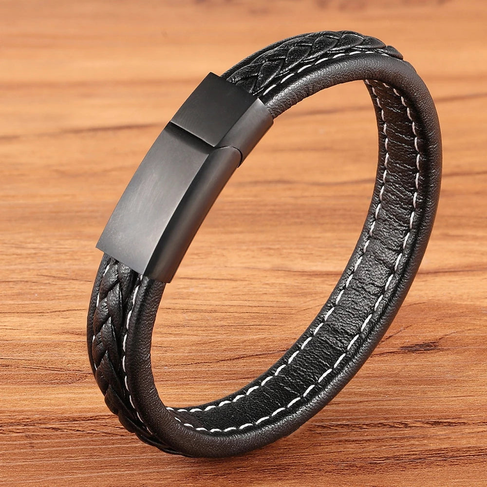 Grid Texture Buckle Leather Bracelet For Homme Black/Rose