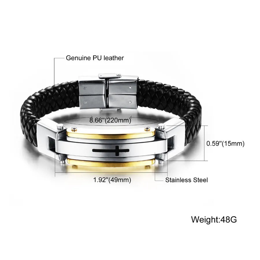 Vintage Leather Wrap Bracelet for Men Knitted Bangle Steel Cross Jewelry