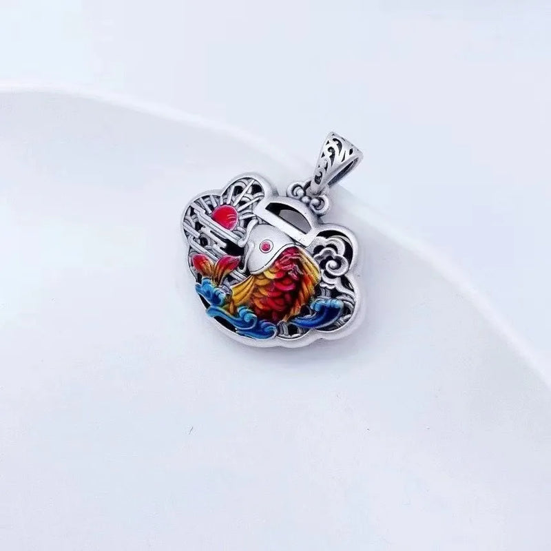 Enamel Flower Peony Phoenix Wealth Koi Fish Gourd Pendant