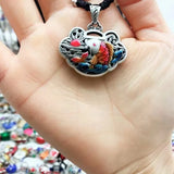 Enamel Flower Peony Phoenix Wealth Koi Fish Gourd Pendant
