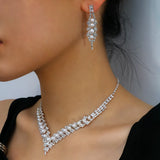 XSBODY Pearl V-Shaped Necklace Sets for Bridal Women Rhinestone Earring Wedding