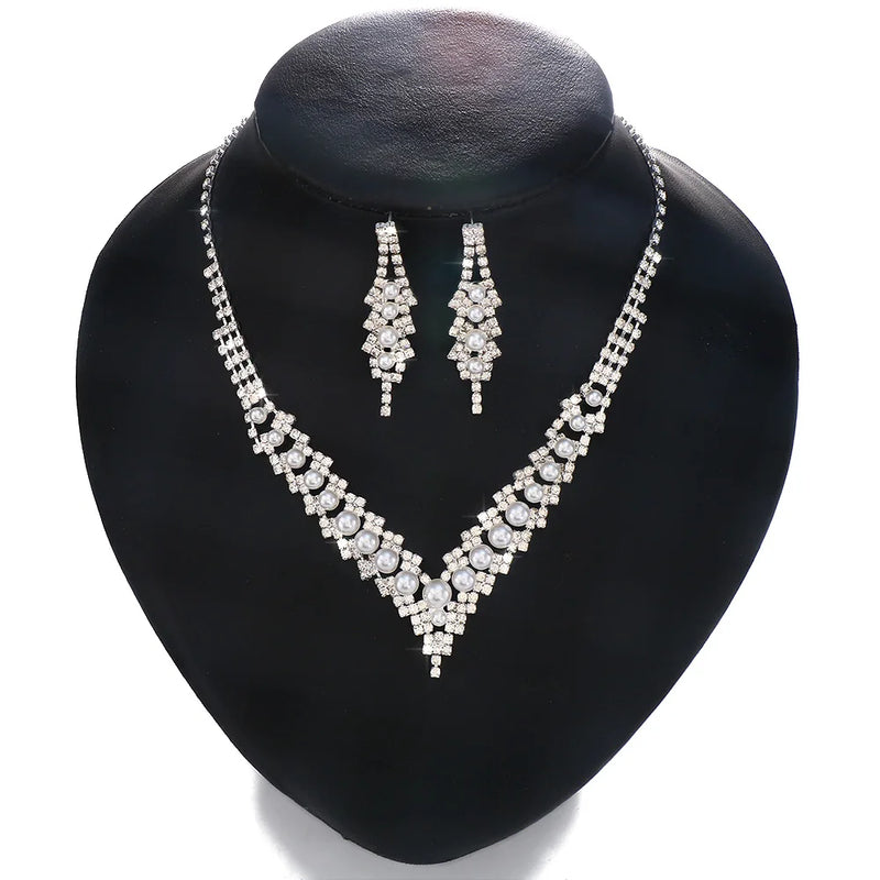 XSBODY Pearl V-Shaped Necklace Sets for Bridal Women Rhinestone Earring Wedding