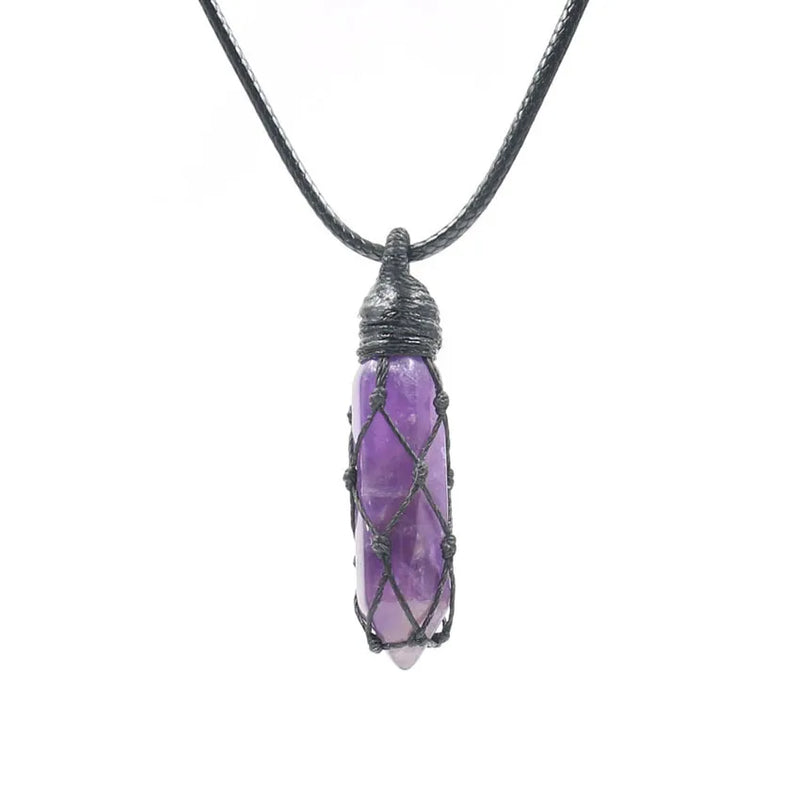 XSM Healing Hexagonal Crystal Point Pendant Necklace Wax Rope Wrapped Unisex