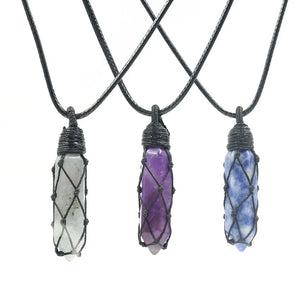 XSM Healing Hexagonal Crystal Point Pendant Necklace Wax Rope Wrapped Unisex