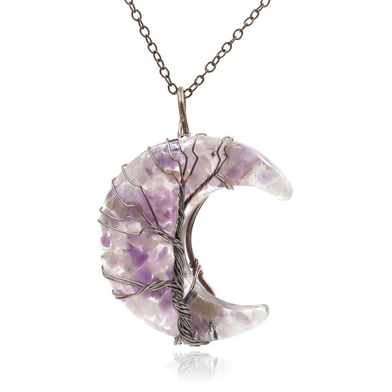 XSM Tree of Life Moon Pendant Necklace Reiki Healing Crystal Stone Jewelry
