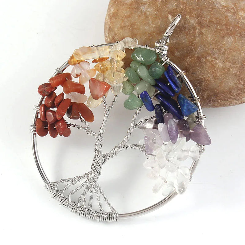 7 Chakra Wire Wrap Reiki Pendant Natural Stone Necklace