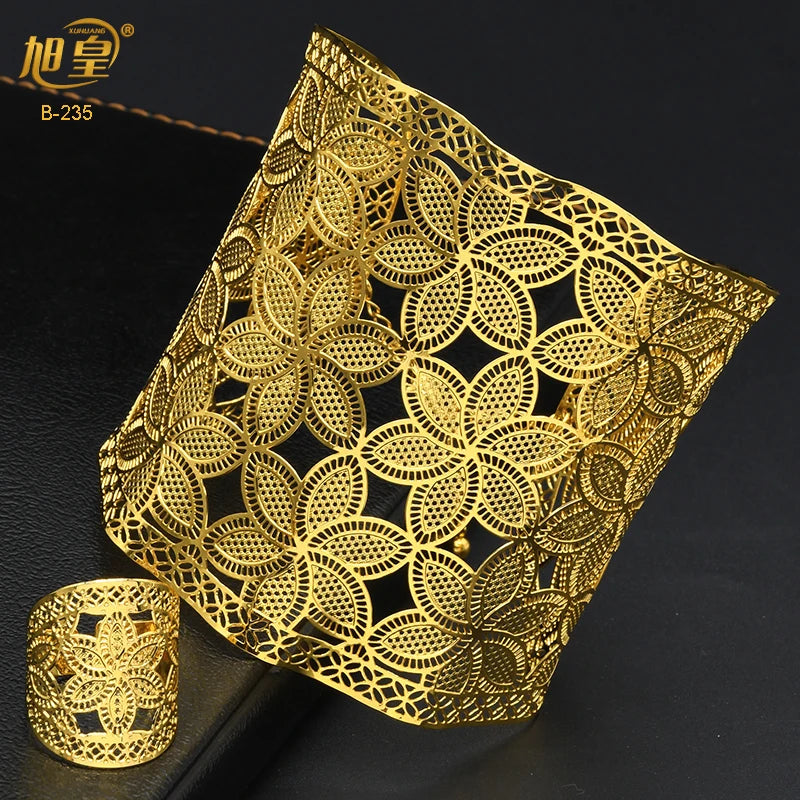 Dubai Plated Adjustable Chain Bangle With Ring Nigerian Wedding Bridal Bracelet