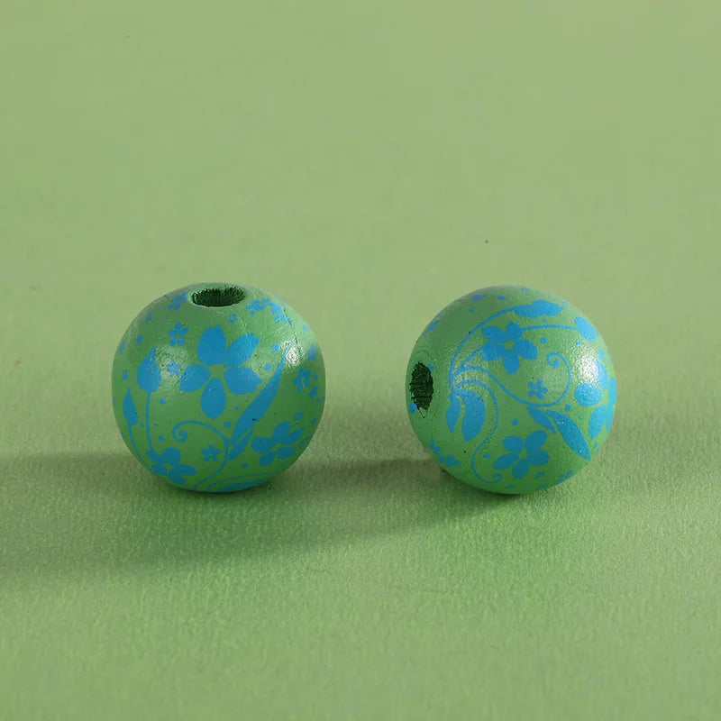 XUQIAN 100pcs Flower Printing Wood Beads for DIY Jewelry Making