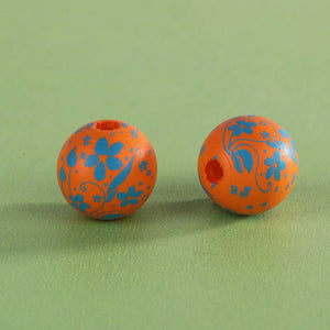 XUQIAN 16mm 5 Petals Flower Print Round Wood Beads DIY Jewelry Making