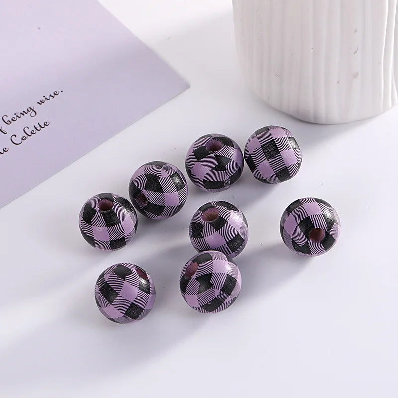 XUQIAN 200 Pcs Loose Grid Pattern Wooden Beads 16mm Jewelry Making B0311