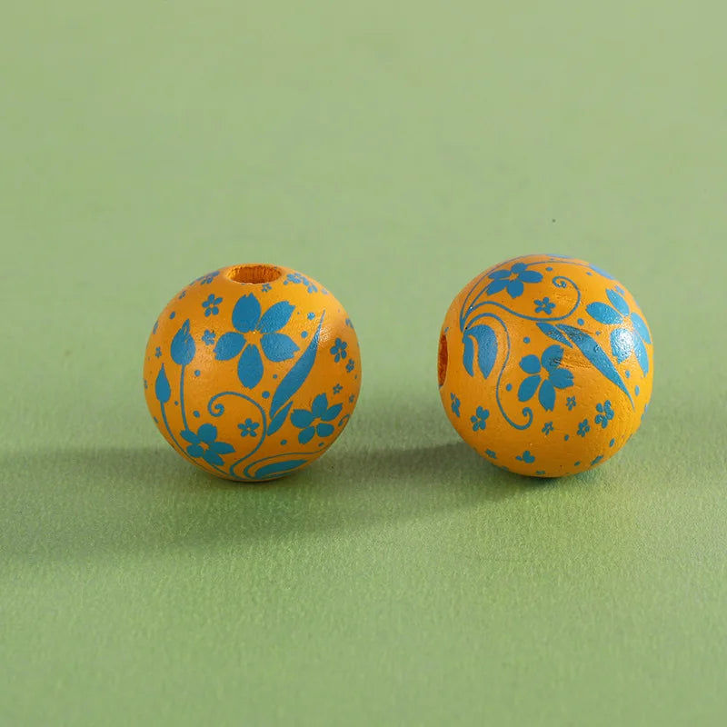 XUQIAN Flower Printing Round Wood Bead 16mm DIY Jewelry Making