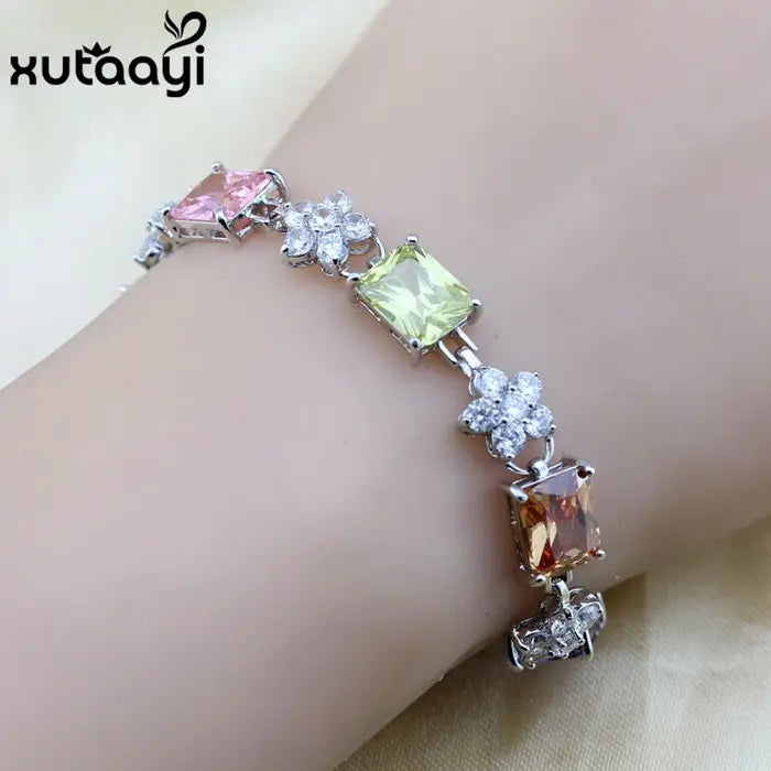 XUTAATI Flower Stones CZ Silver Jewelry Overlay Link Chain Bracelet