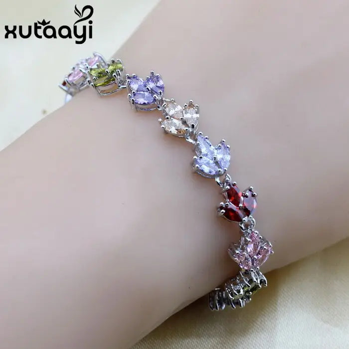XUTAATI Silver Overlay Flower CZ Adjustable Chain Bracelet