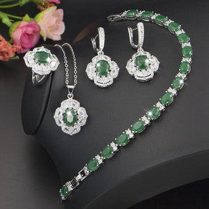 Elegant Silver Wedding Jewelry Set Green Bracelet Rings Bridal Pendant Necklace