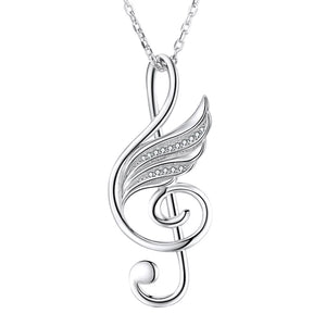 Xiaojing 925 Silver Love Music Pendant, Musical Note Angel Wings Necklace