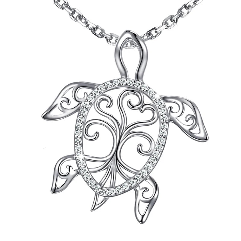Xiaojing 925 Silver Sea Turtle Necklace Tree of Life Tortoise Pendant