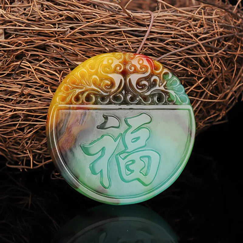 Xinjiang Gobi Colorful Jade Fu Pendant Antique Shuanglong Fu Pendant