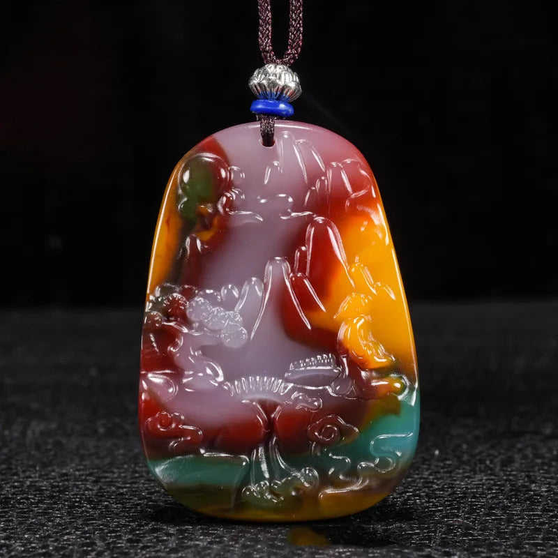 Xinjiang Gobi Golden Silk Jade Floating Flower Landscape Pendant