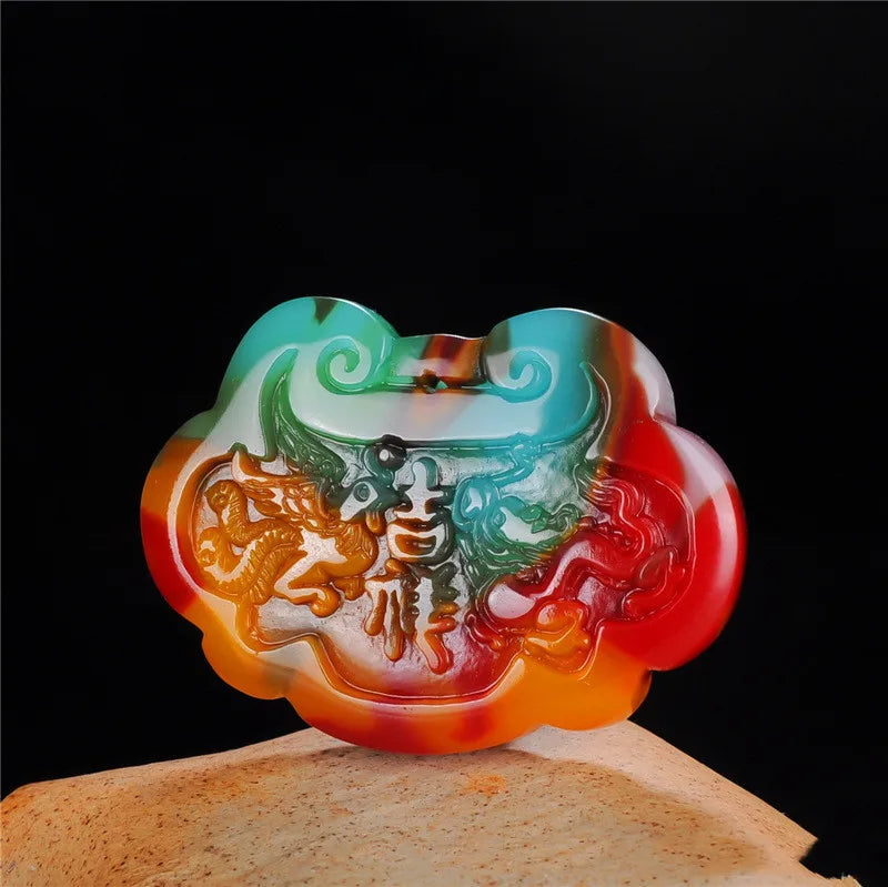 Hetian Jade Dragon Phoenix Long Life Jade Lock Pendant
