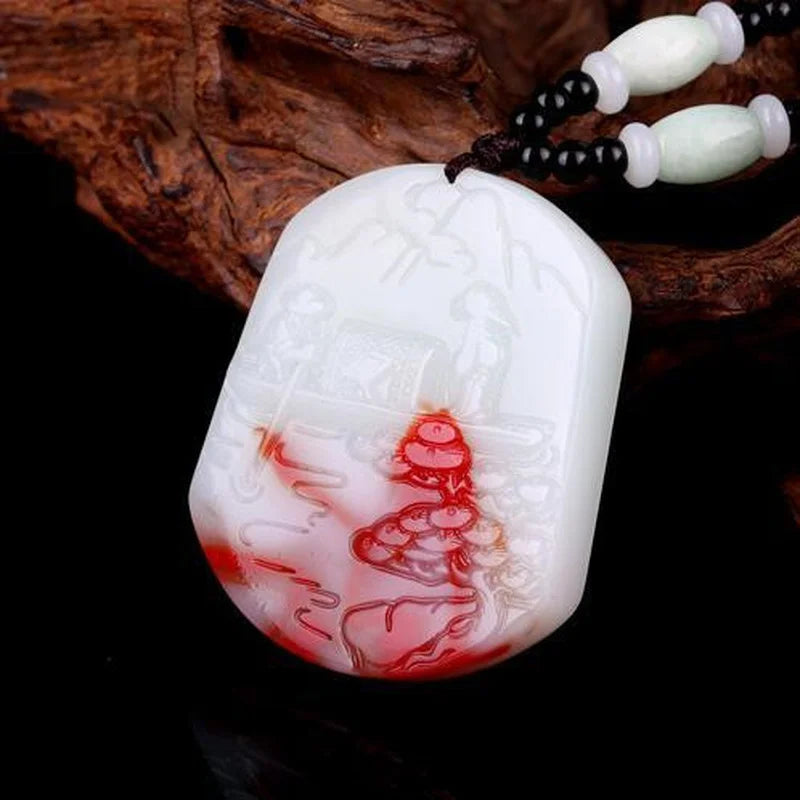 Hotan Red Landscape Jade Pendant Chicken Blood Stone Sweater Chain