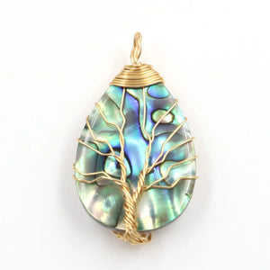 Reiki Abalone Shell Pendant Tree of Life Water Drop Round Jewelry