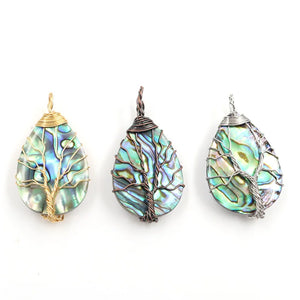 Reiki Abalone Shell Pendant Tree of Life Water Drop Round Jewelry
