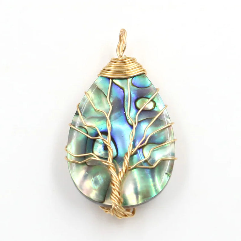 Reiki Abalone Shell Pendant Tree of Life Water Drop Round Jewelry