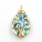 Reiki Abalone Shell Pendant Tree of Life Water Drop Round Jewelry