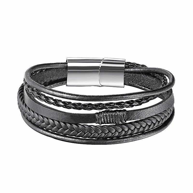 XiongHang Multilayer Leather Bracelet Men Stainless Steel Magnet Buckle
