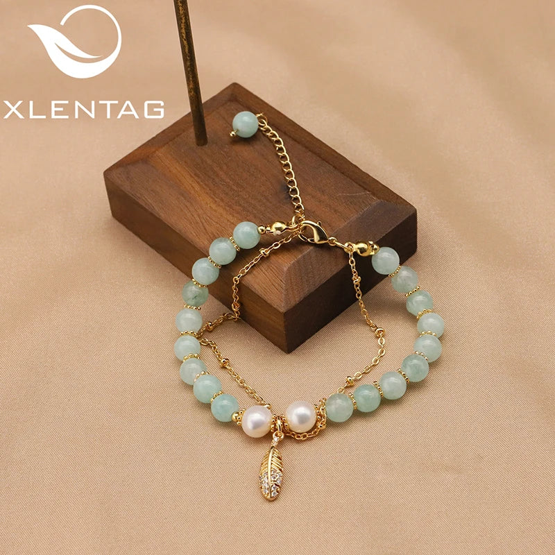 Green Jade Freshwater Pearls Long Chain Leaves Bracelet Woman