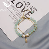 Green Jade Freshwater Pearls Long Chain Leaves Bracelet Woman