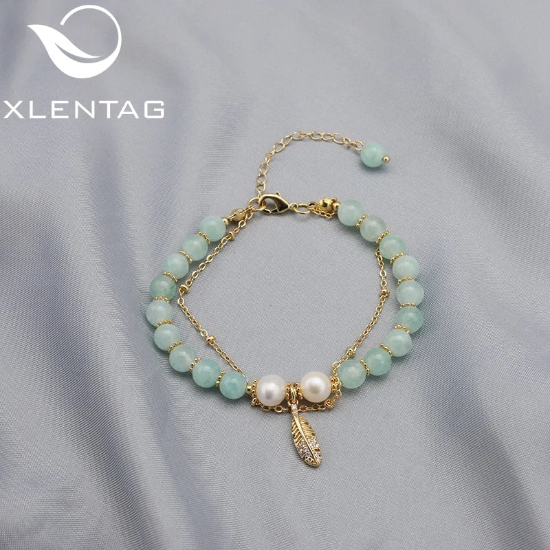 Green Jade Freshwater Pearls Long Chain Leaves Bracelet Woman