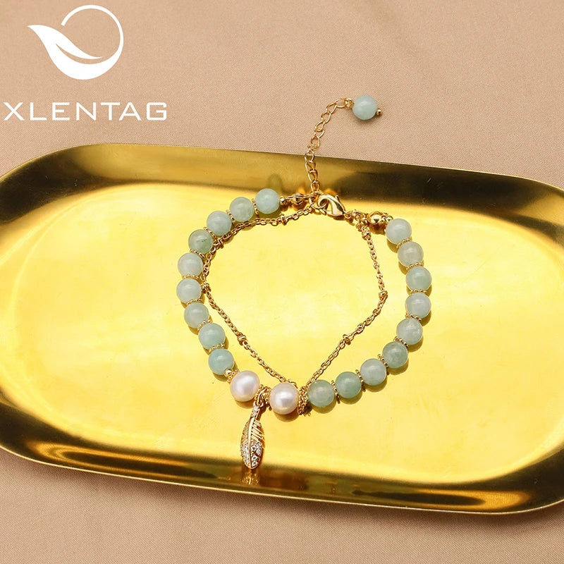 Green Jade Freshwater Pearls Long Chain Leaves Bracelet Woman