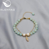 Green Jade Freshwater Pearls Long Chain Leaves Bracelet Woman
