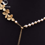 Metal Flowers Natural Pearls Necklaces Long Pendant Amethyst Asymmetrical