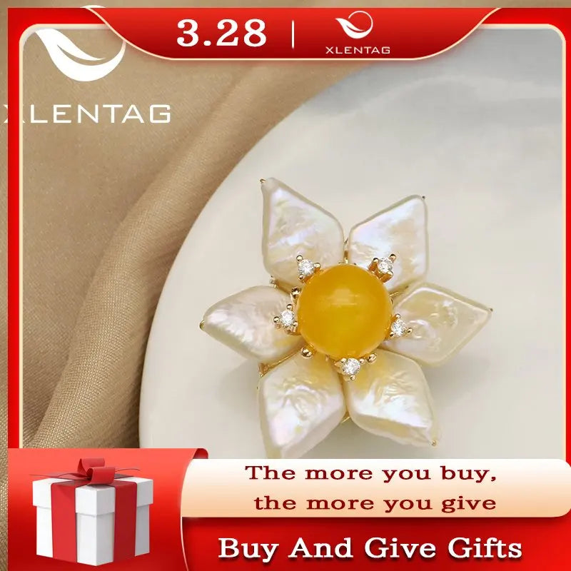 Baroque Pearls Yellow Jade Floral Women Brooches Wedding Gift