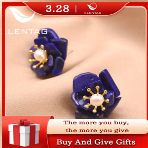 Freshwater Pearl Lapis Lazuli Flower Earrings 925 Plated Vintage Jewelry