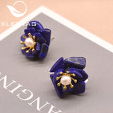 Freshwater Pearl Lapis Lazuli Flower Earrings 925 Plated Vintage Jewelry