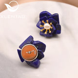 Freshwater Pearl Lapis Lazuli Flower Earrings 925 Plated Vintage Jewelry