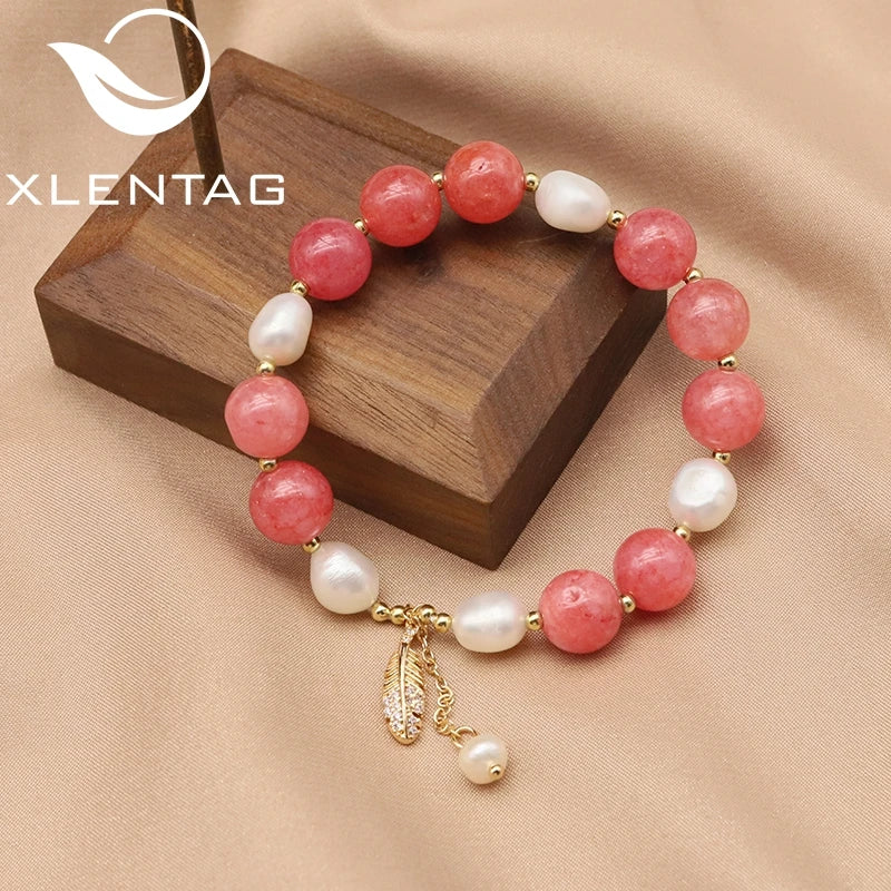 Freshwater Pearl Watermelon Red Crystal Stretch Bracelet