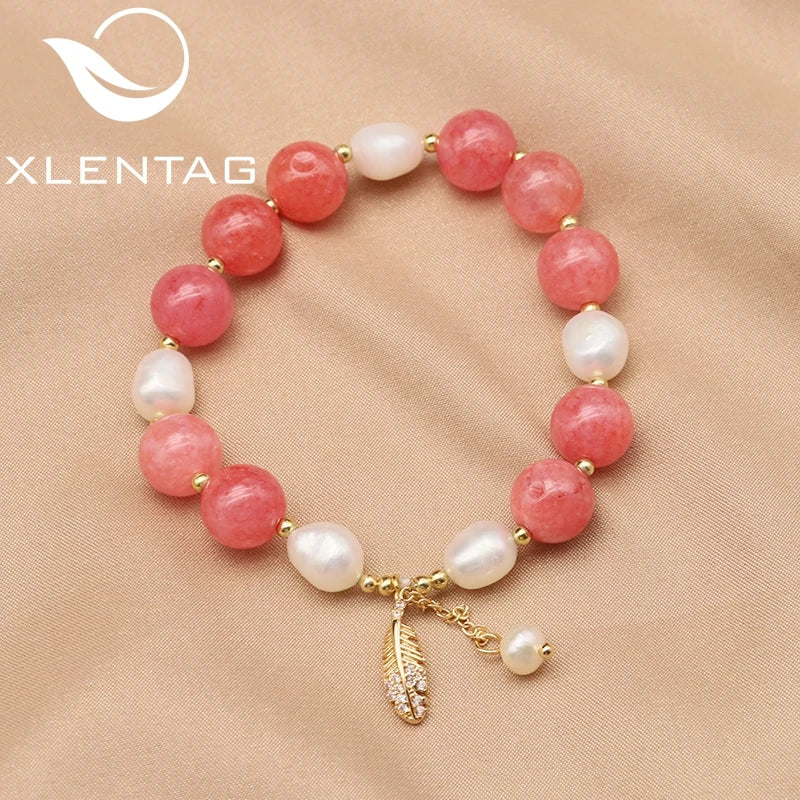Freshwater Pearl Watermelon Red Crystal Stretch Bracelet