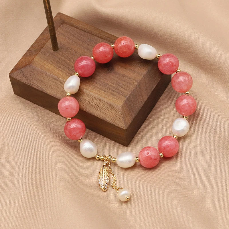 Freshwater Pearl Watermelon Red Crystal Stretch Bracelet