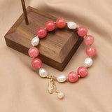 Freshwater Pearl Watermelon Red Crystal Stretch Bracelet