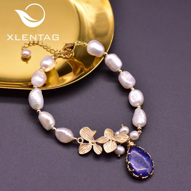 Natural Pearl Couple Bracelet Lapis Pendant Wedding Gift