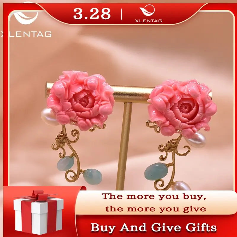 Coral Red Flower Women's Stud Earrings with Natural Pearl - Party Gift Jewelry