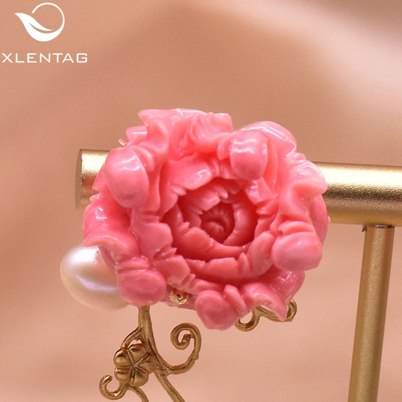 Coral Red Flower Women's Stud Earrings with Natural Pearl - Party Gift Jewelry