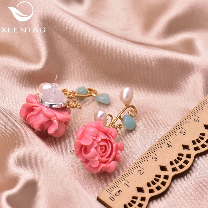 Coral Red Flower Women's Stud Earrings with Natural Pearl - Party Gift Jewelry